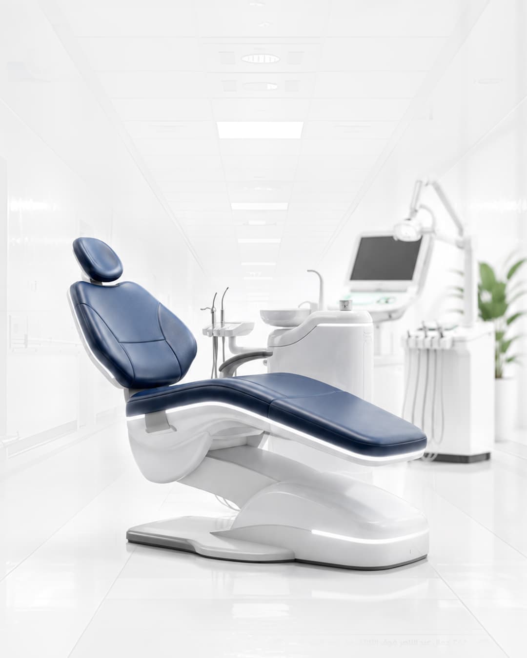 Navy dental chair in a spotless, light-filled treatment room
